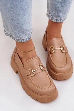 Discount Boto Mokasyny Damskie Ze Złotym Detalem Beżowe Ferietta