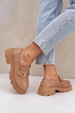 Discount Boto Mokasyny Damskie Ze Złotym Detalem Beżowe Ferietta