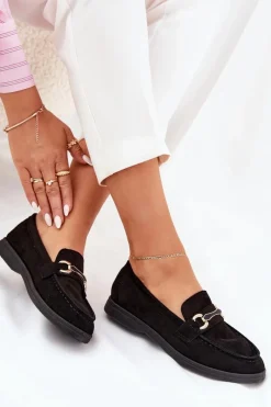 Boto Mokasyny Damskie Ze Złotym Detalem Czarne Labirae