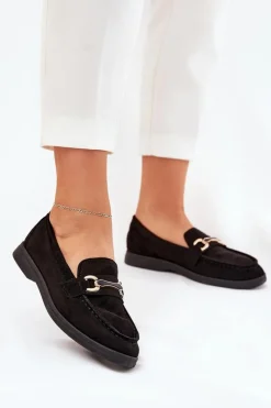 Boto Mokasyny Damskie Ze Złotym Detalem Czarne Labirae