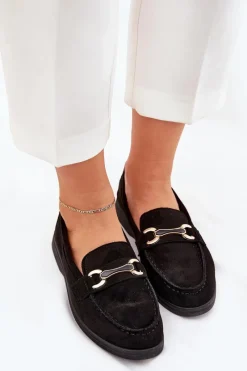 Boto Mokasyny Damskie Ze Złotym Detalem Czarne Labirae