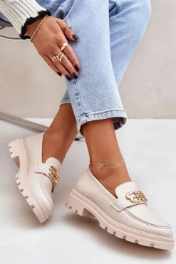 Mokasyny Damskie Ze Złotym Detalem Beżowe Trionna Damskie Loafersy Damskie|Mokasyny Płaskie