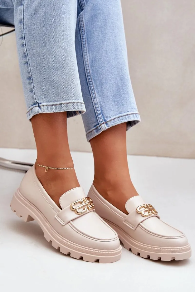 Mokasyny Damskie Ze Złotym Detalem Beżowe Trionna Damskie Loafersy Damskie|Mokasyny Płaskie