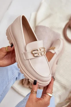 Mokasyny Damskie Ze Złotym Detalem Beżowe Trionna Damskie Loafersy Damskie|Mokasyny Płaskie