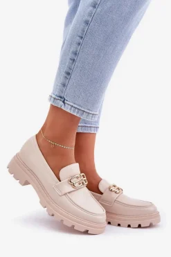 Mokasyny Damskie Ze Złotym Detalem Beżowe Trionna Damskie Loafersy Damskie|Mokasyny Płaskie