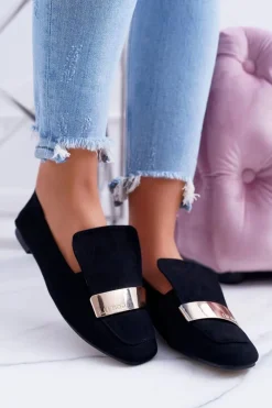 Boto Mokasyny Damskie Złota Blaszka Czarne Lordsy Lu Boo Harlem