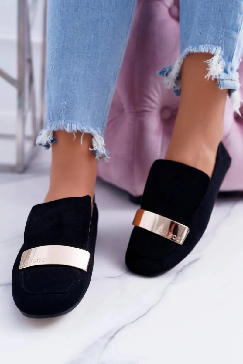 Boto Mokasyny Damskie Złota Blaszka Czarne Lordsy Lu Boo Harlem