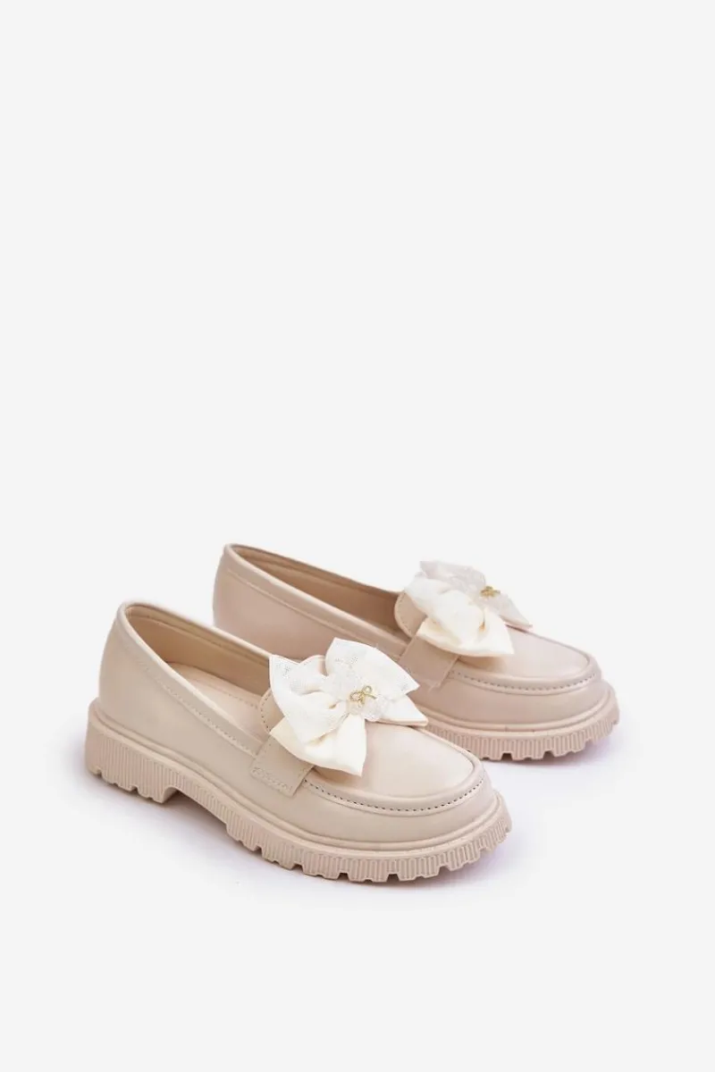Mokasyny Dziecięce>Buty damskie Vinceza Mokasyny Dziewczęce Z Kokardą Eko Skórzane Beżowe Avallesa