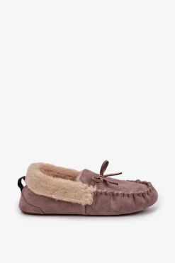Outlet Boto Mokasyny Kapcie Damskie Z Futerkiem Ciemnobeżowe Kleogoria