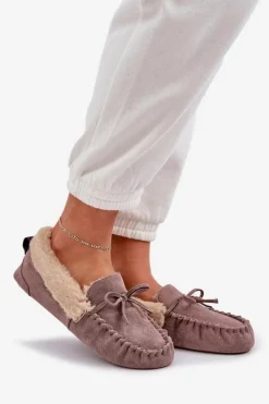 Outlet Boto Mokasyny Kapcie Damskie Z Futerkiem Ciemnobeżowe Kleogoria