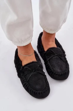 Hot Mokasyny Kapcie Damskie Z Futerkiem Czarne Kleogoria Damskie Loafersy Damskie|Kapcie Klasyczne