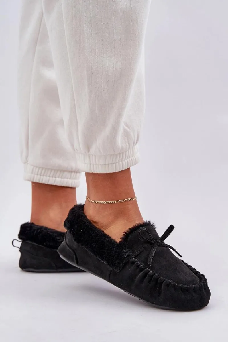 Hot Mokasyny Kapcie Damskie Z Futerkiem Czarne Kleogoria Damskie Loafersy Damskie|Kapcie Klasyczne