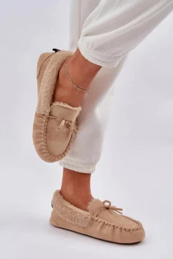 Loafersy Damskie|Kapcie Klasyczne>Boto Mokasyny Kapcie Damskie Z Futerkiem Beżowe Kleogoria