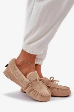 Loafersy Damskie|Kapcie Klasyczne></noscript>Boto Mokasyny Kapcie Damskie Z Futerkiem Beżowe Kleogoria