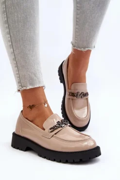 Discount Mokasyny Lakierowane Damskie Na Płaskim Obcasie Beżowe Ezoma Damskie Loafersy Damskie|Mokasyny Płaskie