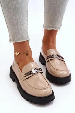 Discount Mokasyny Lakierowane Damskie Na Płaskim Obcasie Beżowe Ezoma Damskie Loafersy Damskie|Mokasyny Płaskie