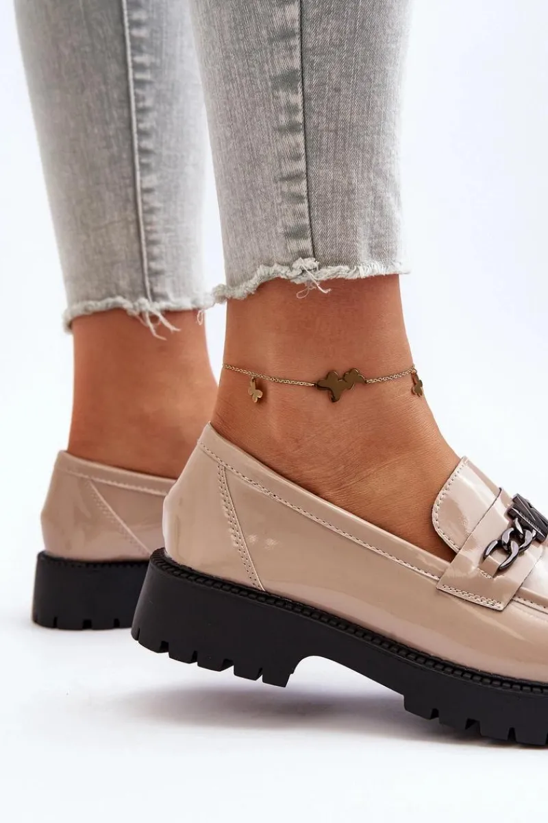 Discount Mokasyny Lakierowane Damskie Na Płaskim Obcasie Beżowe Ezoma Damskie Loafersy Damskie|Mokasyny Płaskie