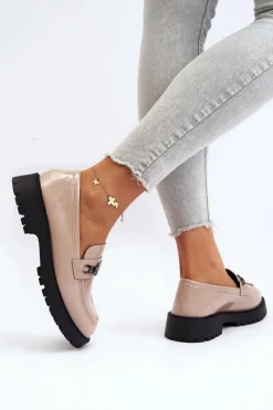 Discount Mokasyny Lakierowane Damskie Na Płaskim Obcasie Beżowe Ezoma Damskie Loafersy Damskie|Mokasyny Płaskie