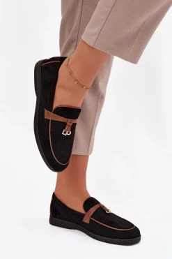 Mokasyny Loafersy Damskie Z Eko Zamszu Czarne Darwen Damskie Loafersy Damskie|Mokasyny Płaskie