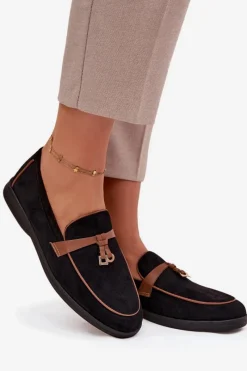 Mokasyny Loafersy Damskie Z Eko Zamszu Czarne Darwen Damskie Loafersy Damskie|Mokasyny Płaskie