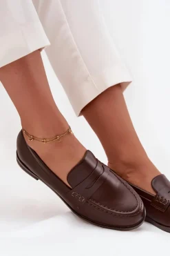 Clearance Mokasyny Loafersy Damskie Z Eko Skóry Czekoladowe Bessina Damskie Loafersy Damskie|Mokasyny Płaskie