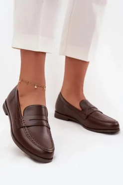 Clearance Mokasyny Loafersy Damskie Z Eko Skóry Czekoladowe Bessina Damskie Loafersy Damskie|Mokasyny Płaskie