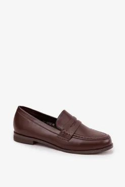 Clearance Mokasyny Loafersy Damskie Z Eko Skóry Czekoladowe Bessina Damskie Loafersy Damskie|Mokasyny Płaskie