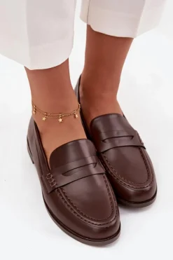 Clearance Mokasyny Loafersy Damskie Z Eko Skóry Czekoladowe Bessina Damskie Loafersy Damskie|Mokasyny Płaskie