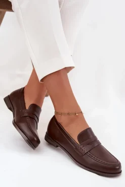 Clearance Mokasyny Loafersy Damskie Z Eko Skóry Czekoladowe Bessina Damskie Loafersy Damskie|Mokasyny Płaskie