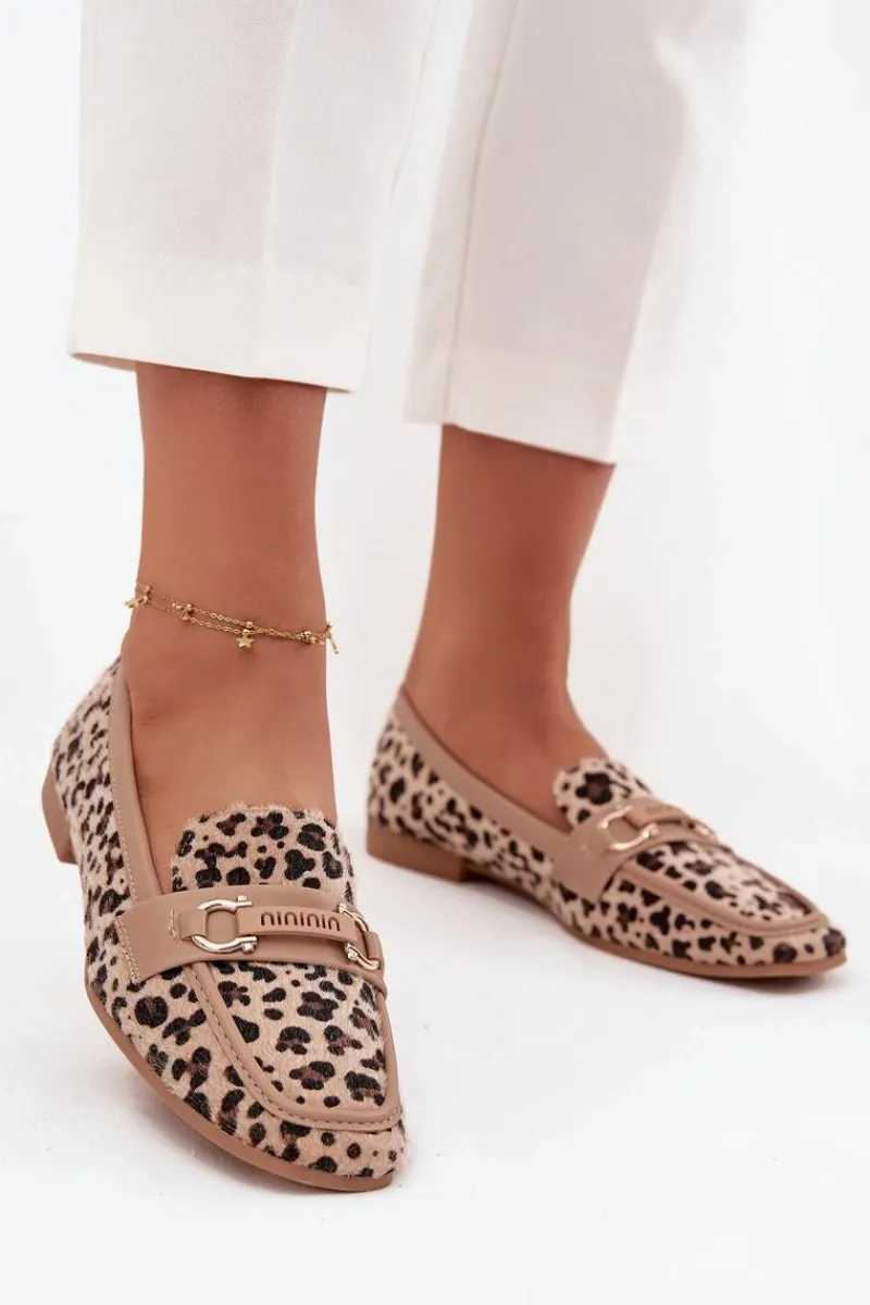 Loafersy Damskie|Mokasyny Płaskie>Boto Mokasyny Loafersy Damskie Z Ozdobnym Elementem Panterka Beżowe Evelora Beżowy