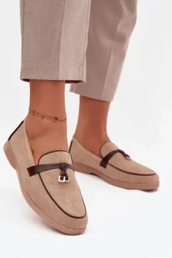 Loafersy Damskie|Mokasyny Płaskie>Boto Mokasyny Loafersy Damskie Z Eko Zamszu Beżowe Darwen Beżowy