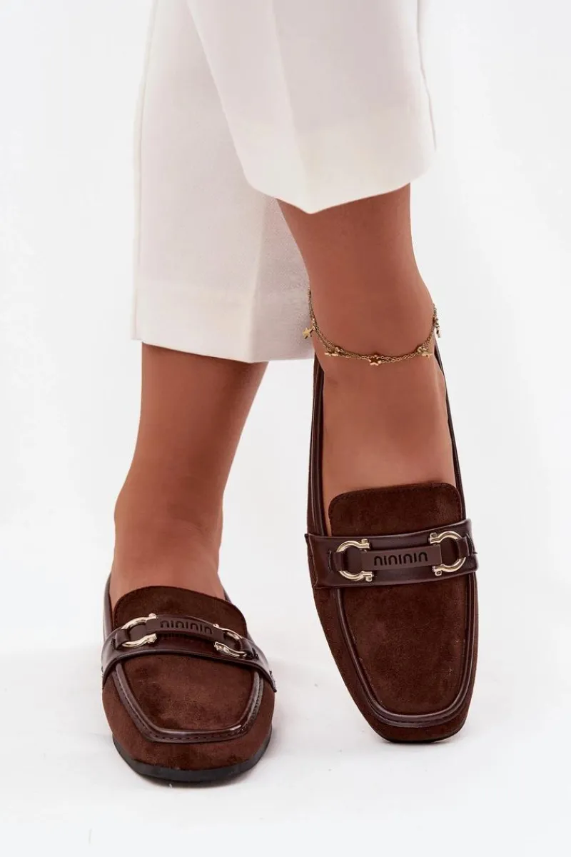 Loafersy Damskie|Mokasyny Płaskie>Boto Mokasyny Loafersy Damskie Z Ozdobnym Elementem Czekoladowe Evelora Brązowy