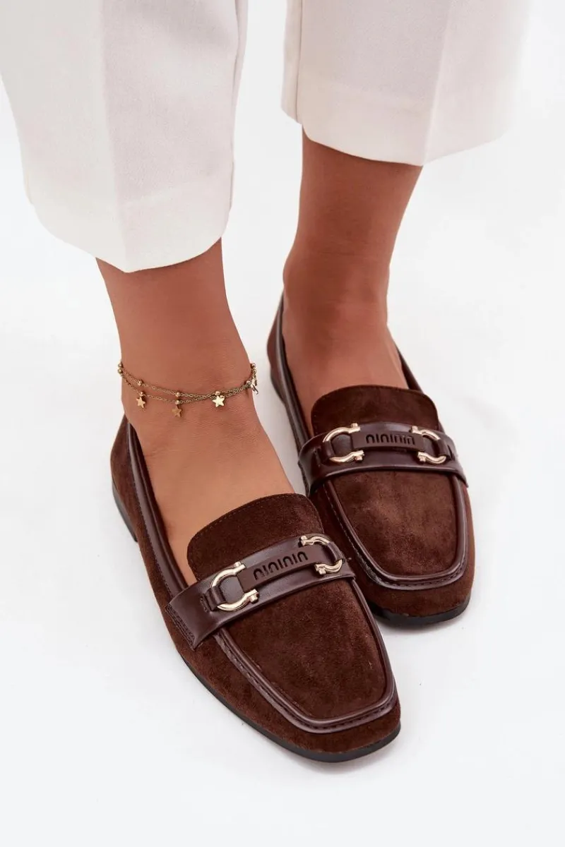 Loafersy Damskie|Mokasyny Płaskie>Boto Mokasyny Loafersy Damskie Z Ozdobnym Elementem Czekoladowe Evelora Brązowy