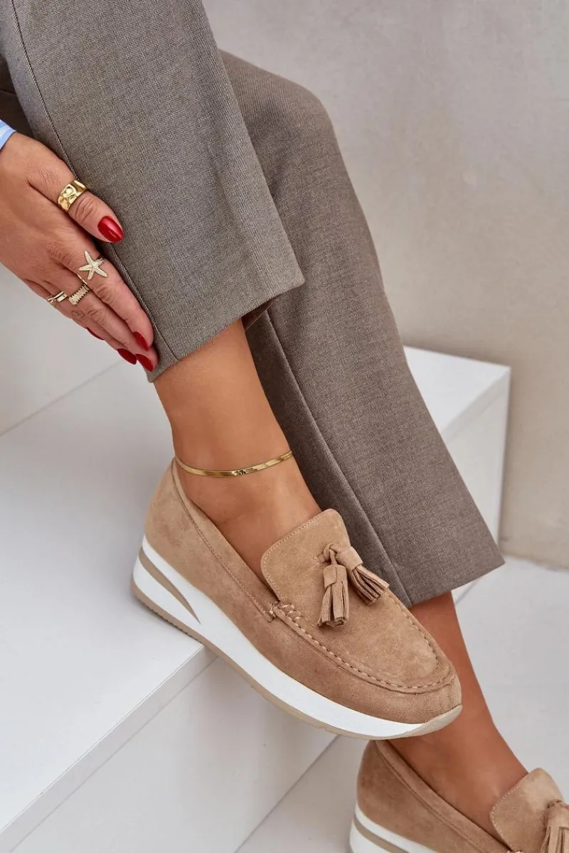 Loafersy Damskie|Mokasyny Damskie Zamszowe>Boto Mokasyny Na Delikatnym Koturnie Eko Zamszowe Beżowe Challavia