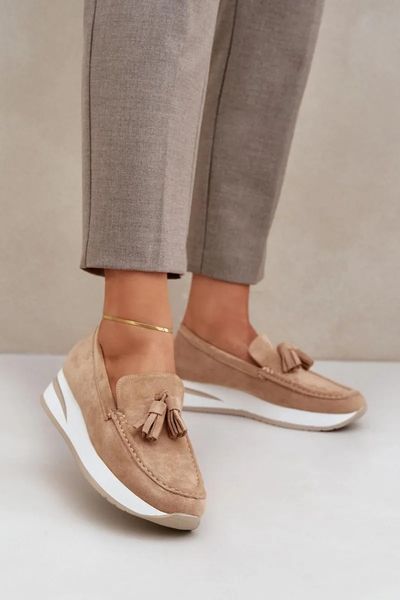 Loafersy Damskie|Mokasyny Damskie Zamszowe>Boto Mokasyny Na Delikatnym Koturnie Eko Zamszowe Beżowe Challavia