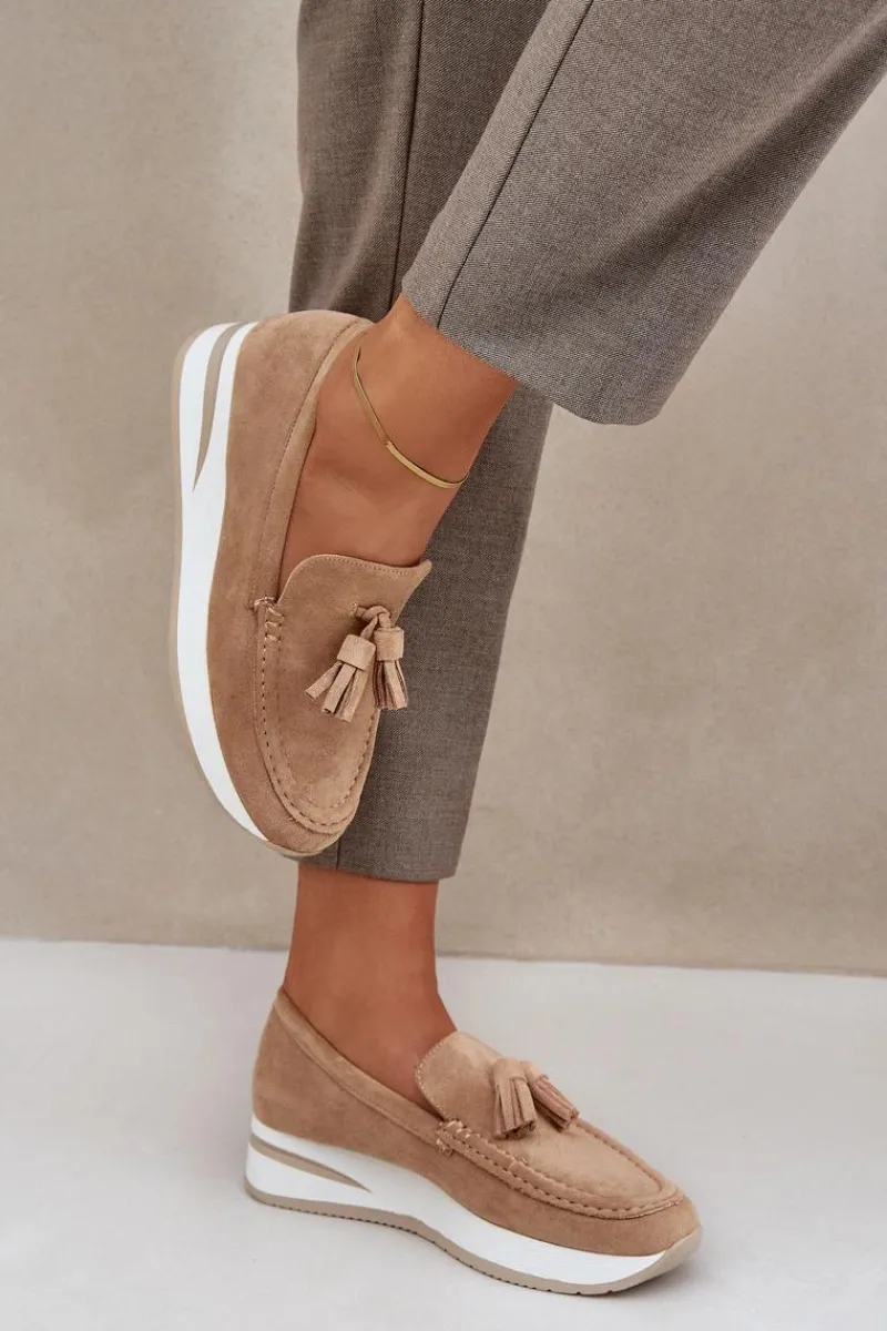 Loafersy Damskie|Mokasyny Damskie Zamszowe>Boto Mokasyny Na Delikatnym Koturnie Eko Zamszowe Beżowe Challavia