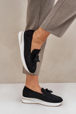 Loafersy Damskie|Mokasyny Damskie Zamszowe>Boto Mokasyny Na Delikatnym Koturnie Eko Zamszowe Czarne Challavia Czarny