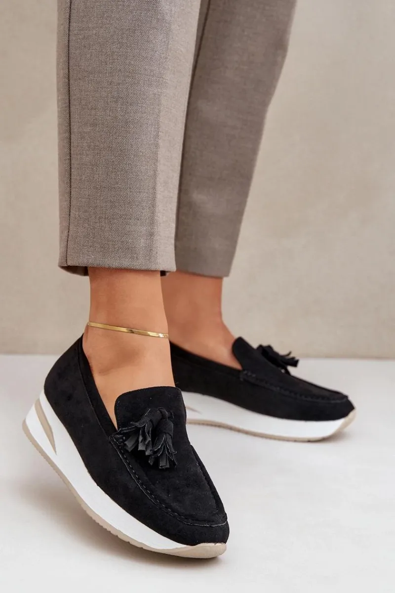 Loafersy Damskie|Mokasyny Damskie Zamszowe>Boto Mokasyny Na Delikatnym Koturnie Eko Zamszowe Czarne Challavia Czarny