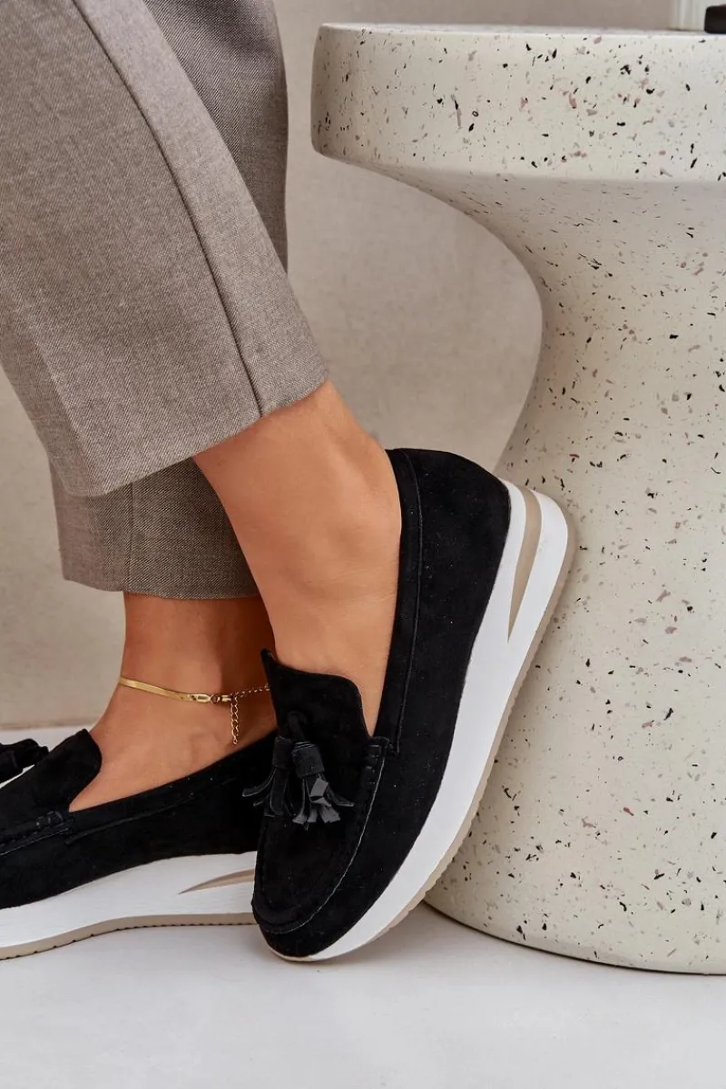 Loafersy Damskie|Mokasyny Damskie Zamszowe>Boto Mokasyny Na Delikatnym Koturnie Eko Zamszowe Czarne Challavia Czarny