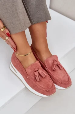 Online Mokasyny Na Delikatnym Koturnie Eko Zamszowe Różowe Challavia Damskie Loafersy Damskie|Mokasyny Damskie Zamszowe