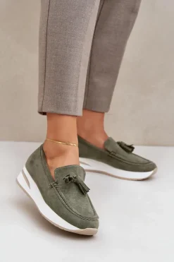 New Boto Mokasyny Na Delikatnym Koturnie Eko Zamszowe Zielone Challavia