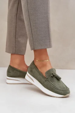 New Boto Mokasyny Na Delikatnym Koturnie Eko Zamszowe Zielone Challavia
