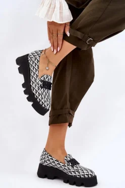 Best Mokasyny Na Masywnej Platformie 2601 Czarno-Białe Damskie Mokasyny Damskie Skórzane|Mokasyny Na Platformie