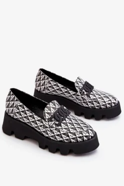 Best Mokasyny Na Masywnej Platformie 2601 Czarno-Białe Damskie Mokasyny Damskie Skórzane|Mokasyny Na Platformie