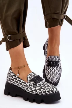 Best Mokasyny Na Masywnej Platformie 2601 Czarno-Białe Damskie Mokasyny Damskie Skórzane|Mokasyny Na Platformie