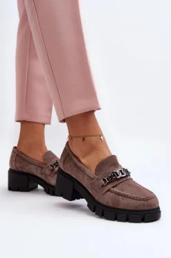 Mokasyny Na Masywnym Obcasie Beżowe Eriella Damskie Mokasyny Damskie Zamszowe