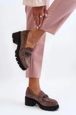 Mokasyny Na Masywnym Obcasie Beżowe Eriella Damskie Mokasyny Damskie Zamszowe