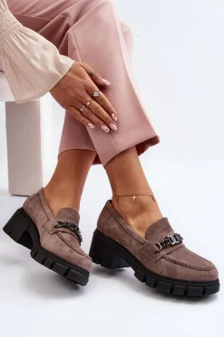 Mokasyny Na Masywnym Obcasie Beżowe Eriella Damskie Mokasyny Damskie Zamszowe