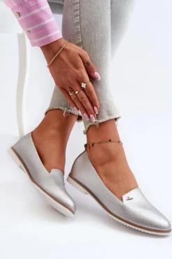 Loafersy Damskie|Mokasyny Damskie Skórzane>Boto Mokasyny Na Płaskim Obcasie Damskie Srebrne Enzla