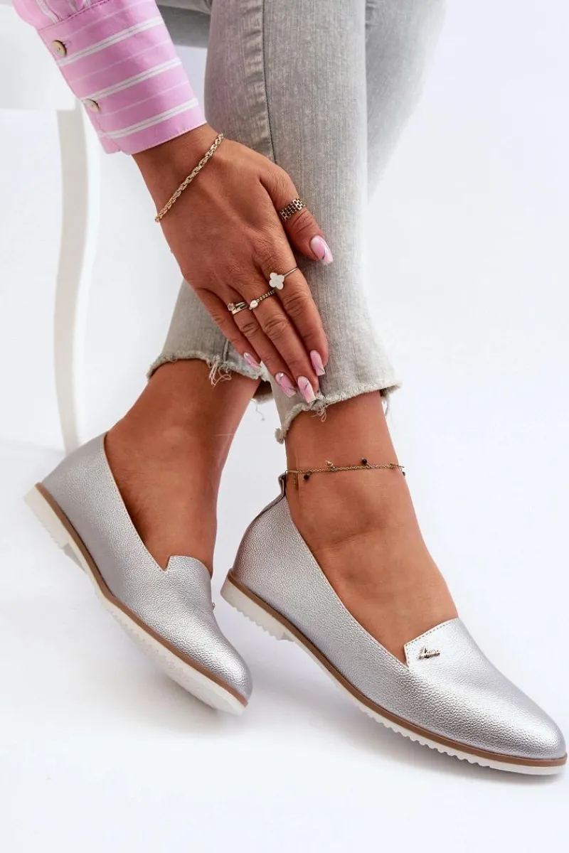 Loafersy Damskie|Mokasyny Damskie Skórzane>Boto Mokasyny Na Płaskim Obcasie Damskie Srebrne Enzla